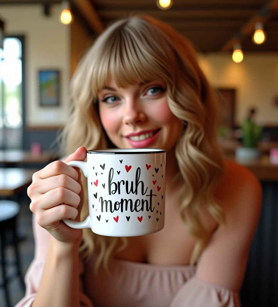  taylor swift in a coffee shop holding up a mug that says "bruh moment" with cute graphics surrounding the text