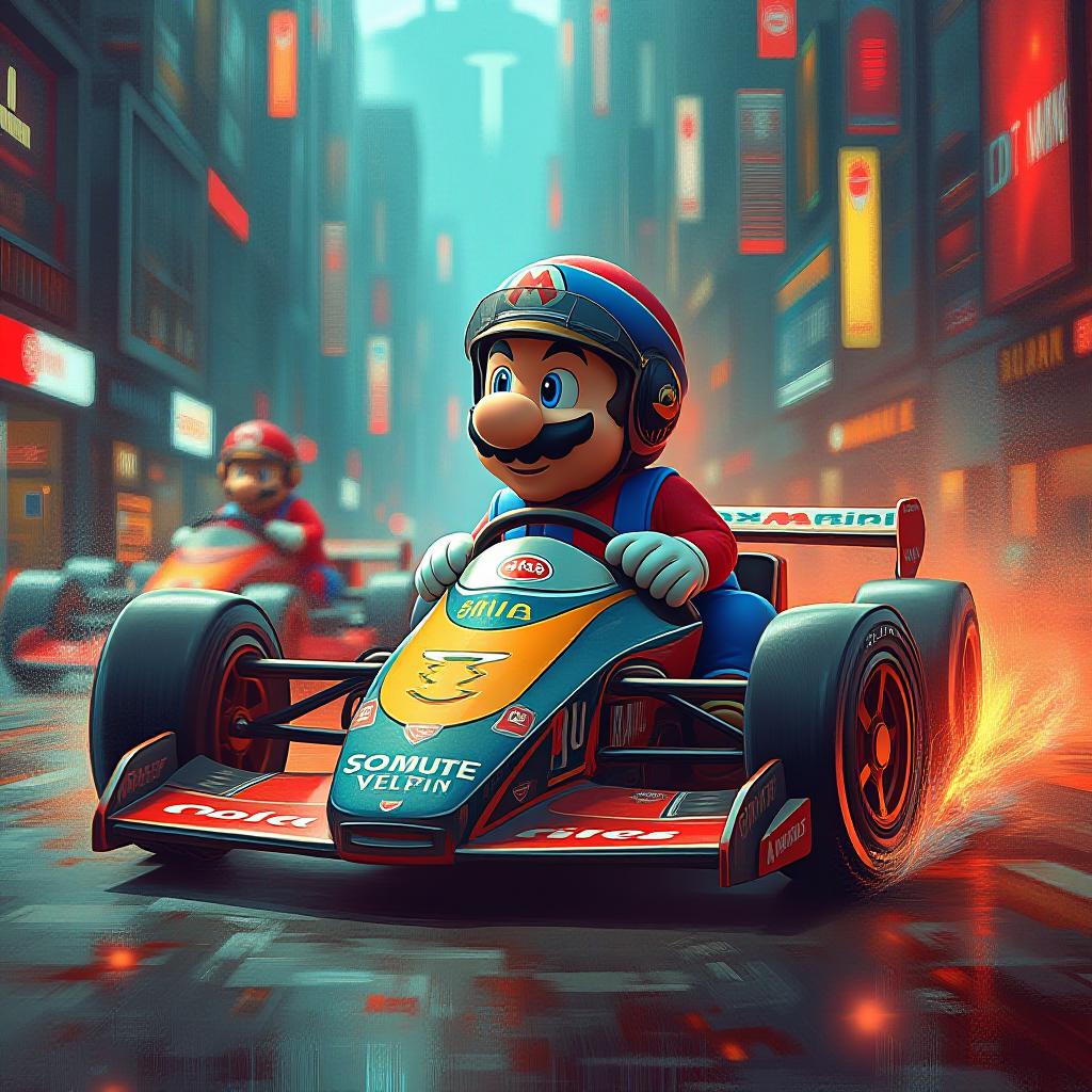  mario bros con traje de piloto de rally cars, estilo comic, hd, full color, racer champions, ilustración hot wheels, car prodrive hunter, fondo ciudad abstract con logos racer,, high quality high detail painting by leonardo da vinci, hd, photorealistic lighting, style leonardo da vinci hyperrealistic, full body, detailed clothing, highly detailed, cinematic lighting, stunningly beautiful, intricate, sharp focus, f/1. 8, 85mm, (centered image composition), (professionally color graded), ((bright soft diffused light)), volumetric fog, trending on instagram, trending on tumblr, HDR 4K, 8K