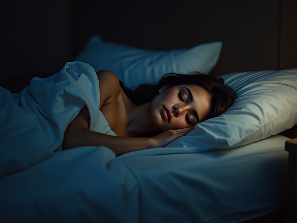  a full length young woman sleeps in bed at night