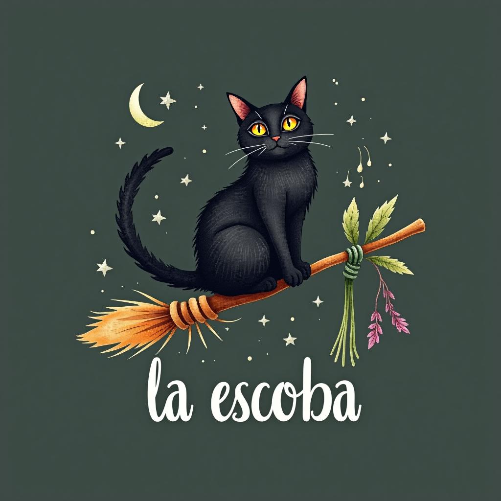  design a logo, in a watercolor style. witchy, black cat riding on a broom, dried herbs hanging m off broom, cottage core aesthetic , with the text 'la escoba'.