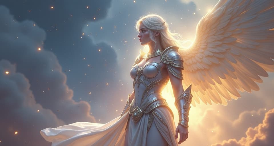  a celestial warrior in translucent armor, standing firm in a radiant battlefield. bright light, unwavering resolution, undeniable truth.. the style is digital art illustration,highly detailed, whimsical,magical, dreamlike atmosphere, realism and fantasy blend, smooth, glossy textures,luminous quality, wonder and enchantment.