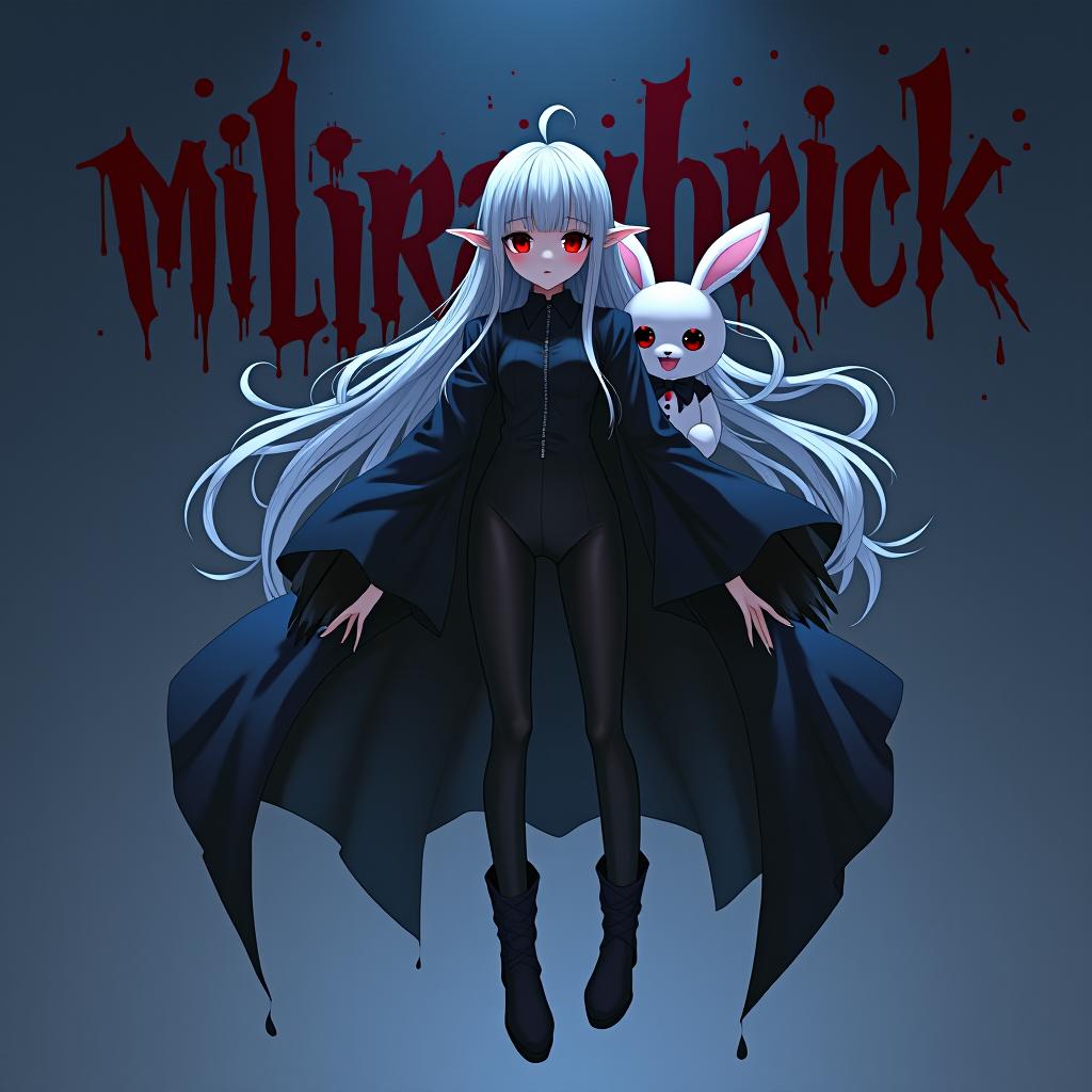  concept art anime fantasy, vampire , white silver hair, straight bangs, 2 strands of hair in front of the ears, 2 strands sticking out on the sides, very long hair, glowing blood black red eyes, short horizontal elf ears, black succubus suit, black boots on a high sole, bloody "miliraybrick" inscription on the background, behind the white plush bunny toy with bloody eyes in a tuxedo, the night, locked up in the air, captured in the sky, the sky . digital artwork, ilrative, painterly, matte painting, highly detailed