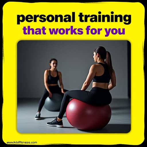  design a bold, fitness themed social media post with the following details: background: use a light yellow background with a black border around the edges, giving the design a framed look. add a subtle texture or pattern to the background for added depth. headline: place the text 'personal training that works for you' at the top, using two different font styles: 'personal training that' should be in a bold, italicized sans serif font in a cream color with a black shadow. 'works for you' should be in a larger, bold sans serif font in purple with a thick black outline and shadow effect, creating a strong emphasis. main image: center an image of two women engaged in a fitness activity, such as using a stability ball. the image should be frame hyperrealistic, full body, detailed clothing, highly detailed, cinematic lighting, stunningly beautiful, intricate, sharp focus, f/1. 8, 85mm, (centered image composition), (professionally color graded), ((bright soft diffused light)), volumetric fog, trending on instagram, trending on tumblr, HDR 4K, 8K