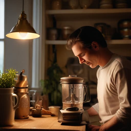 A photo of a skilled repair technician delicately repairing a vintage blender in a dimly lit, cozy kitchen during the early evening. The warm light from a single pendant lamp above casts soft shadows, creating a dramatic yet inviting atmosphere perfect for showcasing the precision and expertise of the technician.