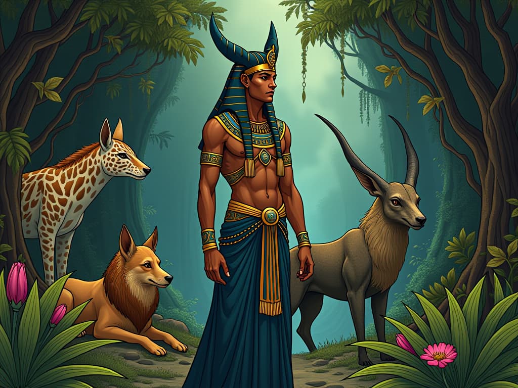  dreamtime deities illustrated beside animals and plants, web of relationships intricately connecting all forms of life. the style is digital art illustration / modern comic book / mysterious occult, symbolic, esoteric vibe,high detail on character design, incorporating ancient egyptian symbology and attire.