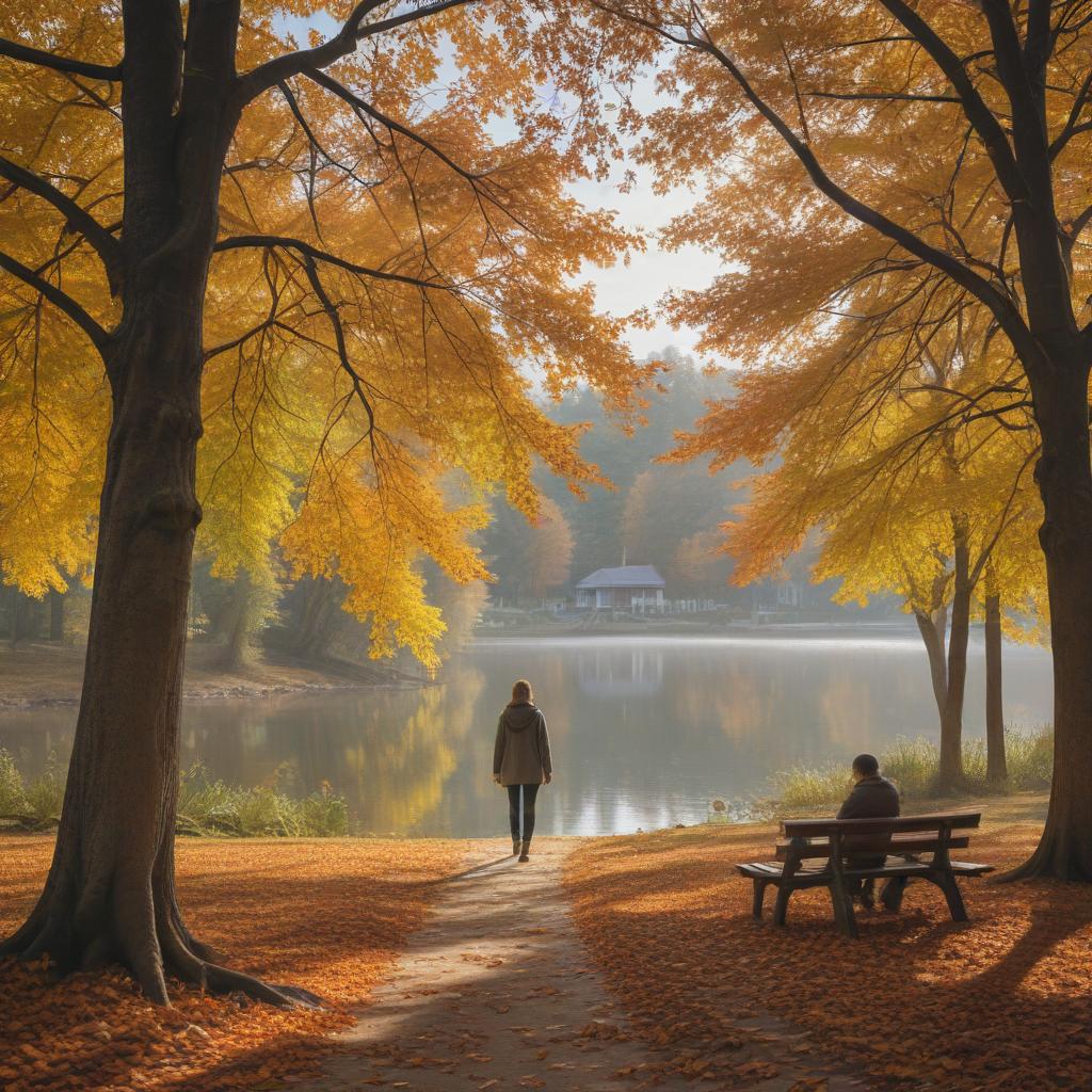 ((masterpiece)),(((best quality))), 8k, high detailed, ultra detailed, A human landscape, people walking in a park, trees with colorful autumn leaves, a gentle breeze rustling the leaves, families enjoying a picnic on the grass, a serene lake reflecting the sky hyperrealistic, full body, detailed clothing, highly detailed, cinematic lighting, stunningly beautiful, intricate, sharp focus, f/1. 8, 85mm, (centered image composition), (professionally color graded), ((bright soft diffused light)), volumetric fog, trending on instagram, trending on tumblr, HDR 4K, 8K