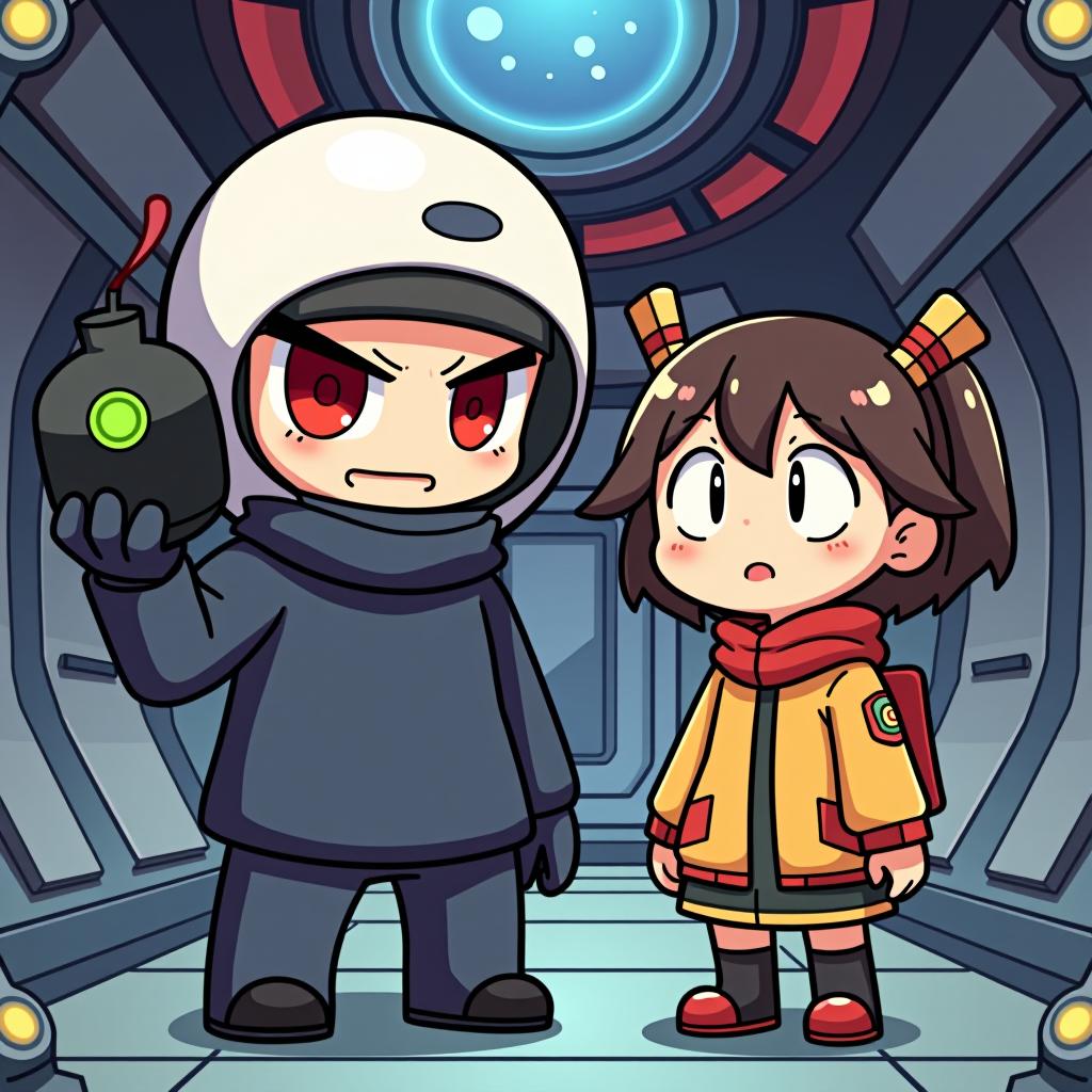  good quality, high quality, among us style character named 'sukuna' holding a bomb in one hand, standing beside a girl named 'roro.' sukuna has a menacing expression, and roro looks surprised. the scene is set in the typical among us spaceship environment, with vibrant colors and simple, cartoonish details.