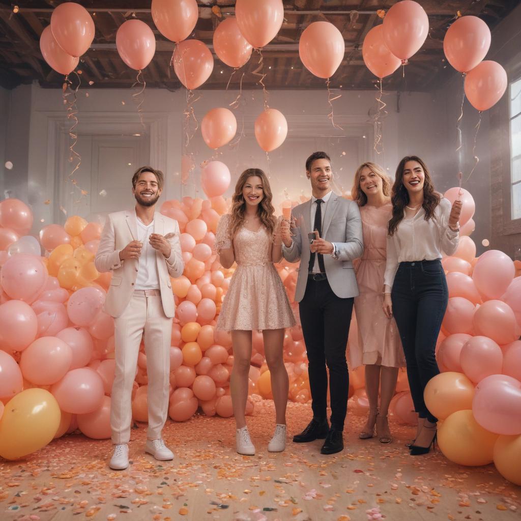 ((masterpiece)),(((best quality))), 8k, high detailed, ultra detailed,A group of partners celebrating the launch of the new Anli XS peach flavored product, friends, balloons, confetti, peach decorations, smiles hyperrealistic, full body, detailed clothing, highly detailed, cinematic lighting, stunningly beautiful, intricate, sharp focus, f/1. 8, 85mm, (centered image composition), (professionally color graded), ((bright soft diffused light)), volumetric fog, trending on instagram, trending on tumblr, HDR 4K, 8K