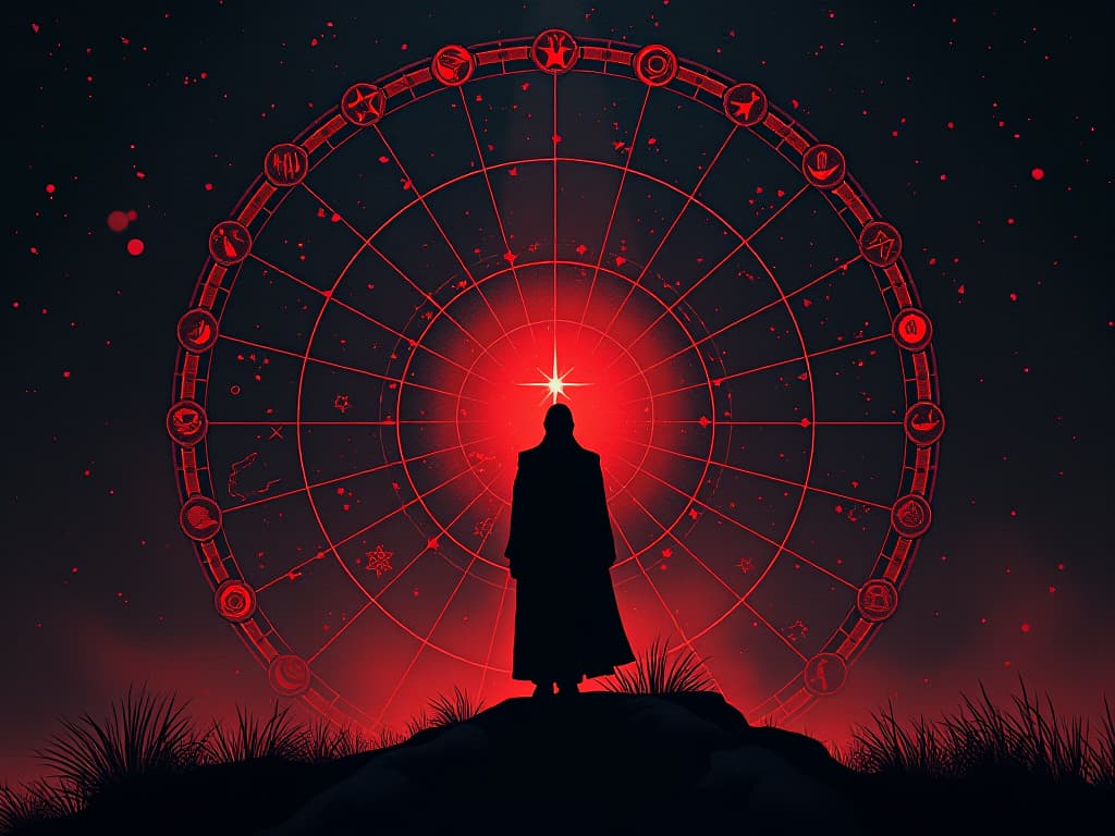  star map with red constellations, celestial designs, reminder of aspirational destiny. the style is digital art illustration / modern comic book / graphic dark novel fantasy and mysterious occult, symbolic, moody lighting, esoteric vibe,high detail on character design. for the color scheme emphasize blacks and reds.