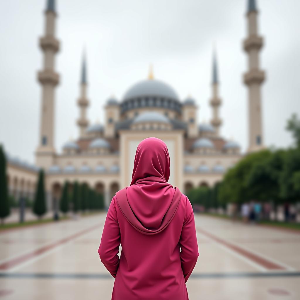  an muslim in pink clothing is standing with her back turned and looking at a mosque.