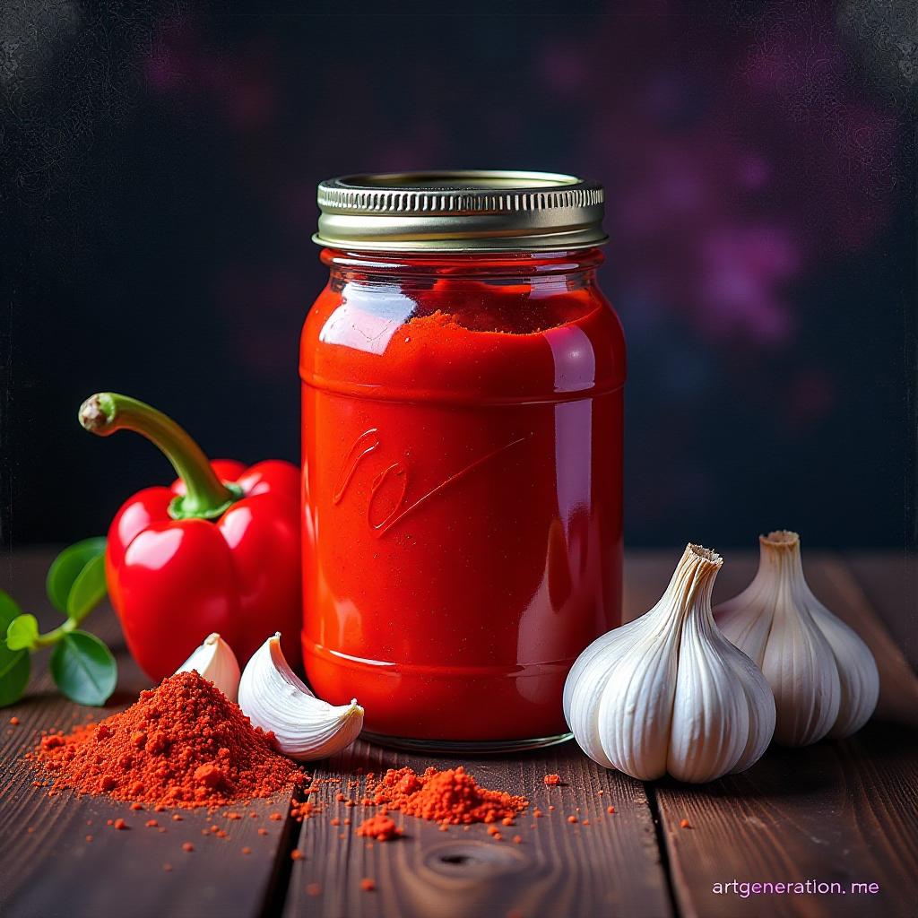  food photography style a masterpiece. painting. oil painting. ( homemade winter cooking, jar of canned red bell pepper paprika and garlic cloves present:1.5). intense close up. neon large purple “artgeneration.me” lettering at bottom of image. intense close up:1.5). hyperrealism style. high detail. high quality. high resolution. . appetizing, professional, culinary, high resolution, commercial, highly detailed