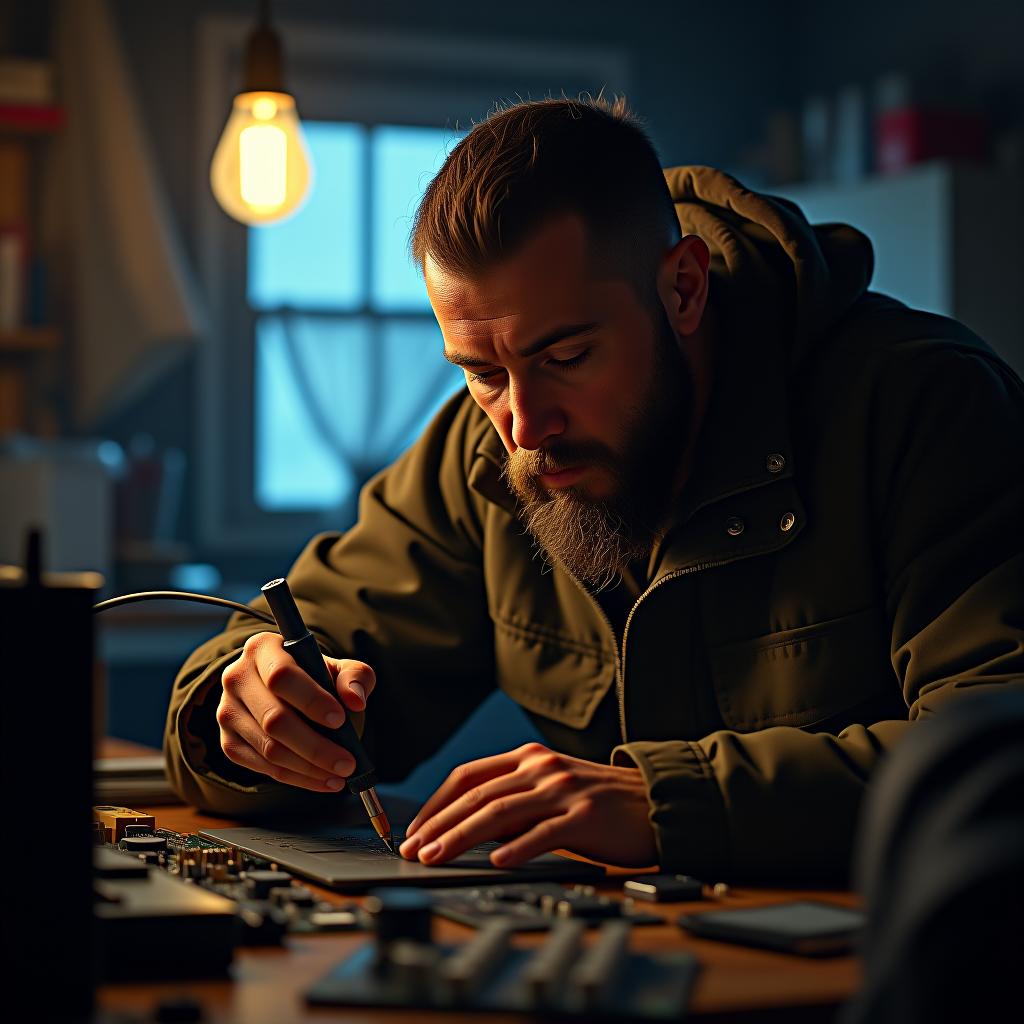  create a high quality, photorealistic image that vividly depicts the following scene: a gritty, sweat streaked man, determination etched in his furrowed brow, as he works late into the night in an untidy, dimly lit garage filled with electronic parts. his fingers agilely maneuver a soldering iron, underlining his burning ambition. the setting is emphasized by the coldness of the garage, the frost on its windows, and warm glow from a single hanging light bulb. shot with a sony a7riv, f/2.4, iso 3200, 1/50s, 8k, raw, unedited, maintaining asymmetrical balance, capturing the stark contrast between the man's effort and his humble beginnings. the image should: focus on the specific actions, emotions, and elements described in the hyperrealistic, full body, detailed clothing, highly detailed, cinematic lighting, stunningly beautiful, intricate, sharp focus, f/1. 8, 85mm, (centered image composition), (professionally color graded), ((bright soft diffused light)), volumetric fog, trending on instagram, trending on tumblr, HDR 4K, 8K