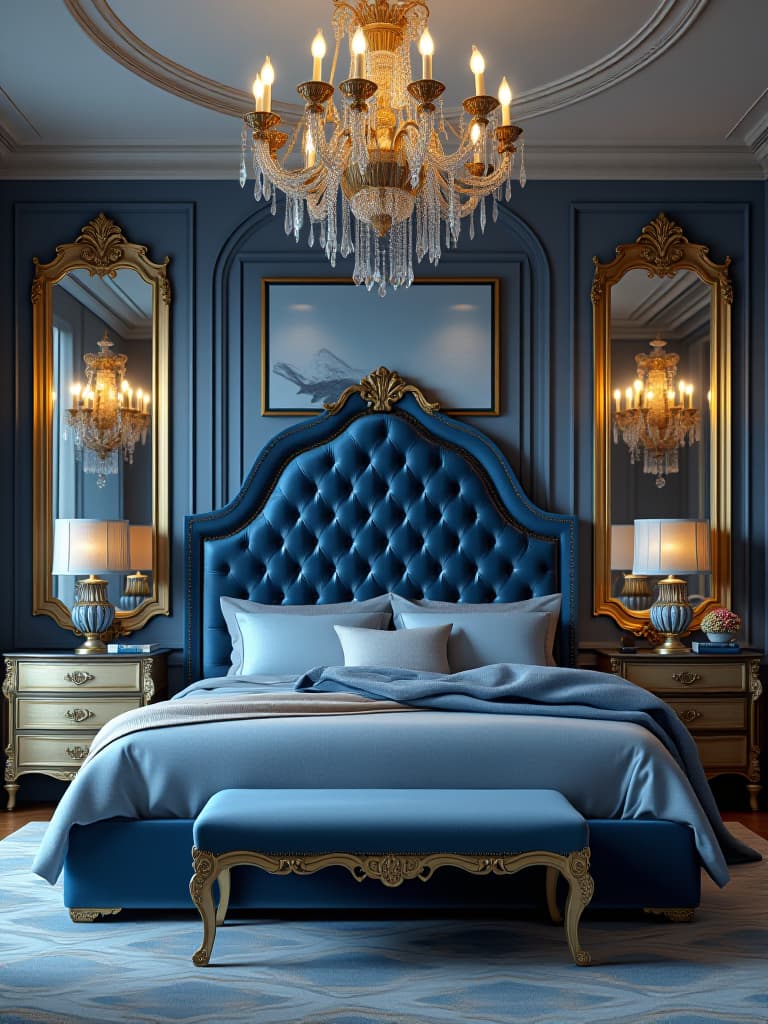  high quality portrait photo of an elegant master bedroom with a tufted velvet headboard in deep blue, crystal chandelier, and luxurious bedding, captured from a wide angle to show the room's grandeur hyperrealistic, full body, detailed clothing, highly detailed, cinematic lighting, stunningly beautiful, intricate, sharp focus, f/1. 8, 85mm, (centered image composition), (professionally color graded), ((bright soft diffused light)), volumetric fog, trending on instagram, trending on tumblr, HDR 4K, 8K