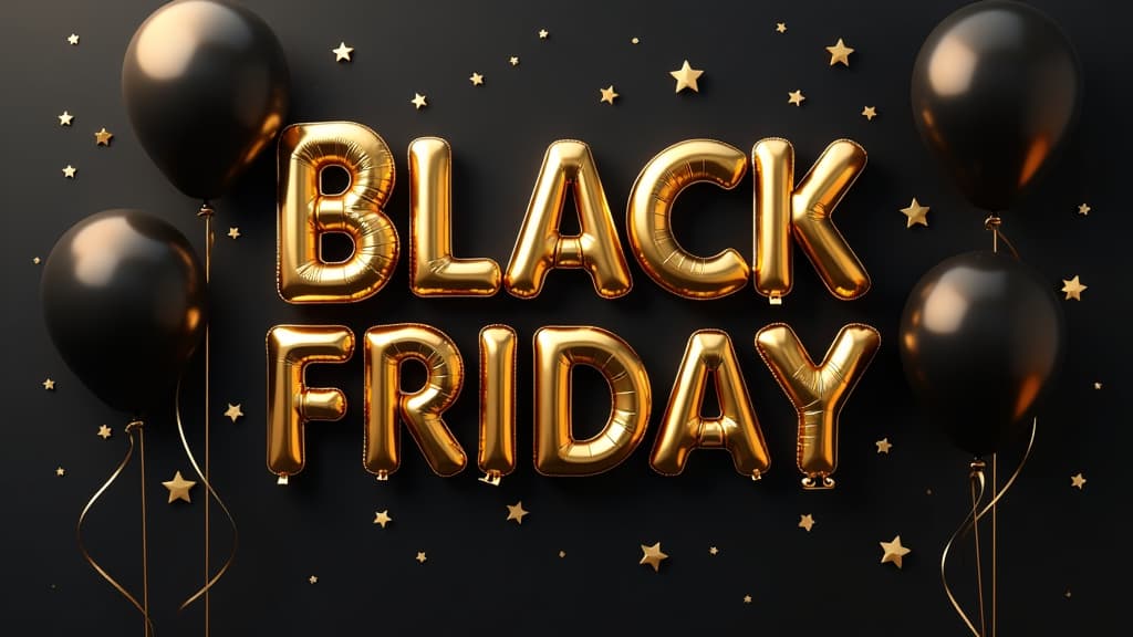  text “black friday sale” with golden and black balloons on black background {prompt}, maximum details