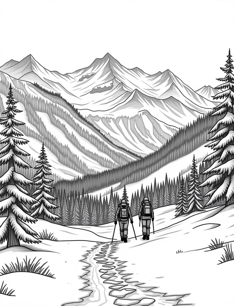  this is for an adult coloring page. a detailed black and white line art of a snowy snow covered valley with a group of hikers walking on a solid white background.