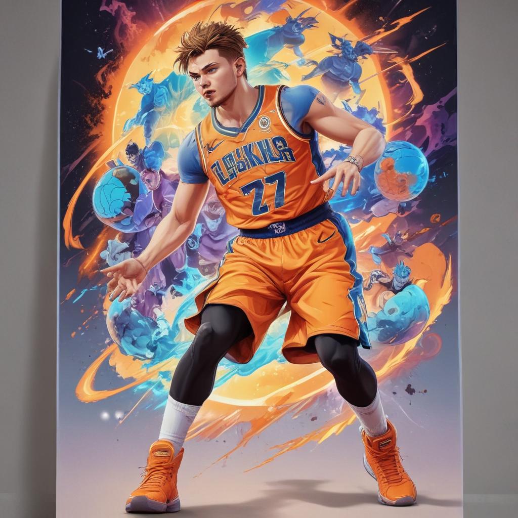 distance-shot, flashy, full-body, dynamic, holographic, animated cartoon poster of luka doncic in the style of dragon ball super