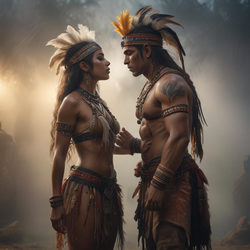 ((masterpiece)),(((best quality))), 8k, high detailed, ultra detailed, A tribe couple kiss in the face, tribal dancers in the background, mystical mist enveloping them, ancient rituals being performed, spiritual energy in the air hyperrealistic, full body, detailed clothing, highly detailed, cinematic lighting, stunningly beautiful, intricate, sharp focus, f/1. 8, 85mm, (centered image composition), (professionally color graded), ((bright soft diffused light)), volumetric fog, trending on instagram, trending on tumblr, HDR 4K, 8K