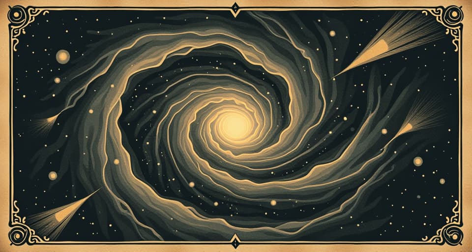  a galaxy swirling around a central point, harmony, thoughts, actions. an illustration in the style of a worn, mystical old tarot trump card, mysterious and elements of surrealism. the colors are muted, somber and eerie, but with contrast bring out an occult and esoteric vibe.