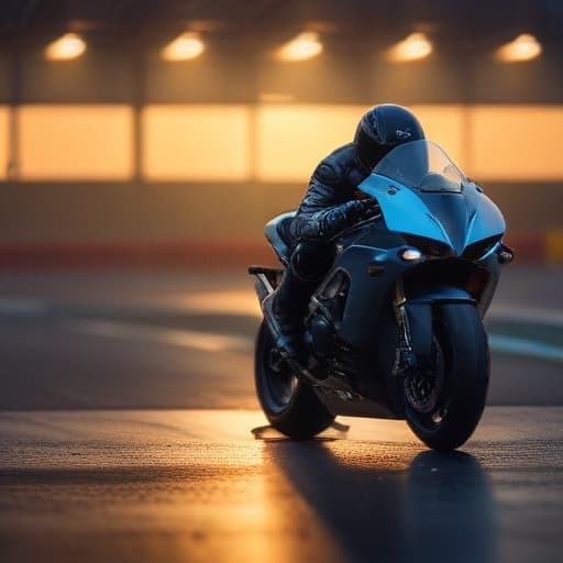 Sportsbike silhouette on a racetrack with a blurred background hyperrealistic, full body, detailed clothing, highly detailed, cinematic lighting, stunningly beautiful, intricate, sharp focus, f/1. 8, 85mm, (centered image composition), (professionally color graded), ((bright soft diffused light)), volumetric fog, trending on instagram, trending on tumblr, HDR 4K, 8K