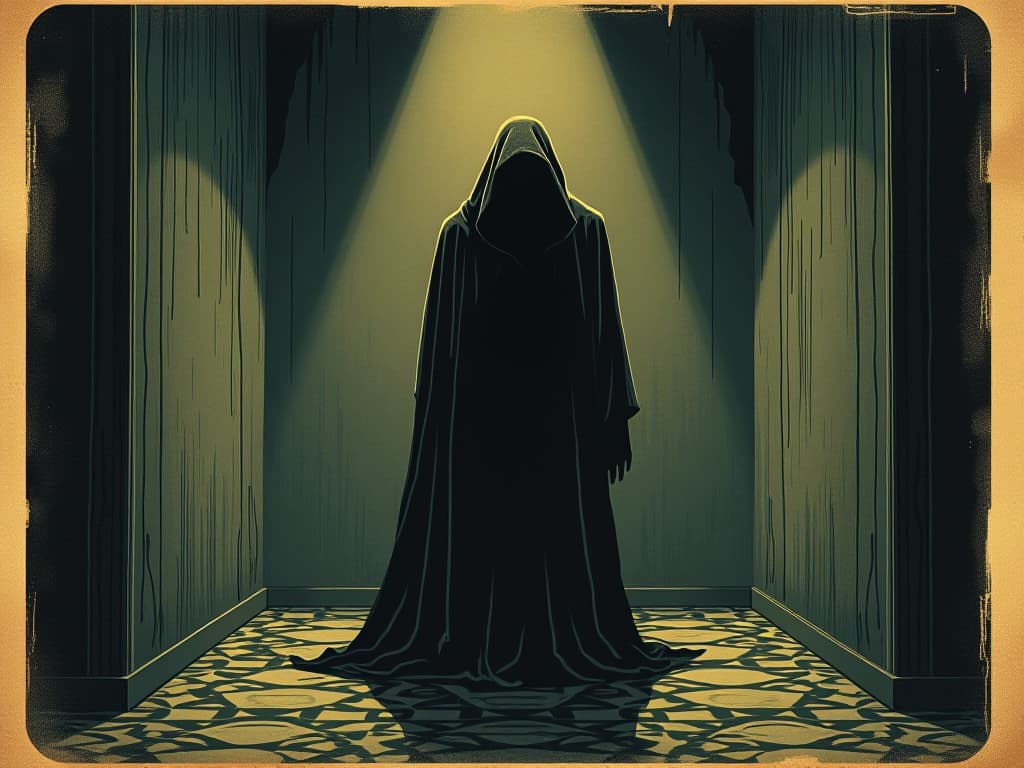  a dark, shadowy figure lurking menacingly in a dimly lit room, shadows creeping and undulating along the walls, sense of an elusive presence. an illustration in the style of a worn, mystical old tarot trump card, mysterious and elements of surrealism. the colors are muted, somber and eerie, but with contrast bring out an occult and esoteric vibe.