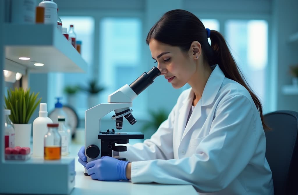  science, microscope and innovation with a woman in a laboratory for medical research or experiment. healthcare, medicine and a young indian engineer working in a lab for pharmaceutical development ar 3:2 {prompt}, maximum details