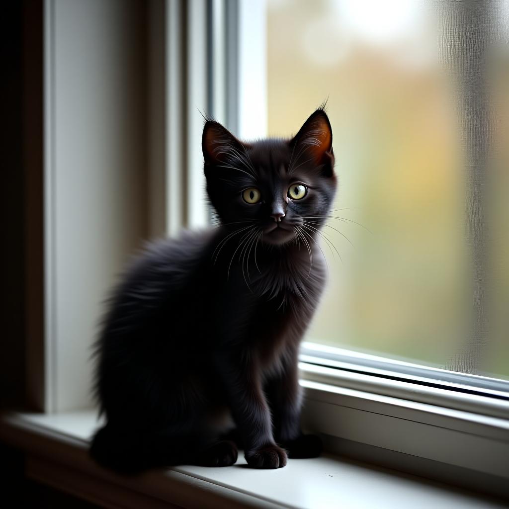  a little black kitten is sitting on the windowsill.