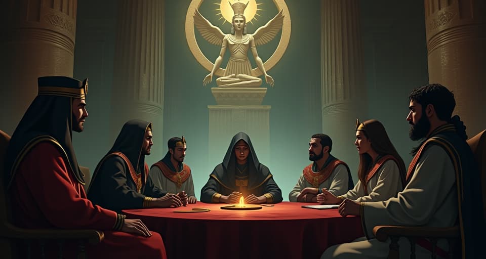  a shadowy council chamber, powerful figures in regal attire conversing in hushed tones, faces marked with frustration and realization, backdrop of faded symbols of control, mood of lost power. the style is digital art illustration / modern comic book / mysterious occult, symbolic, esoteric vibe,high detail on character design, incorporating ancient egyptian symbology and attire.