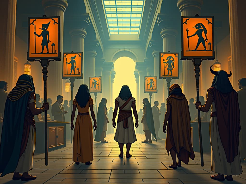  marketplace with hieroglyphic signs changing positions, merchants arguing, symbolizing ever changing rules. the style is digital art illustration / modern comic book / mysterious occult, symbolic, esoteric vibe,high detail on character design, incorporating ancient egyptian symbology and attire.