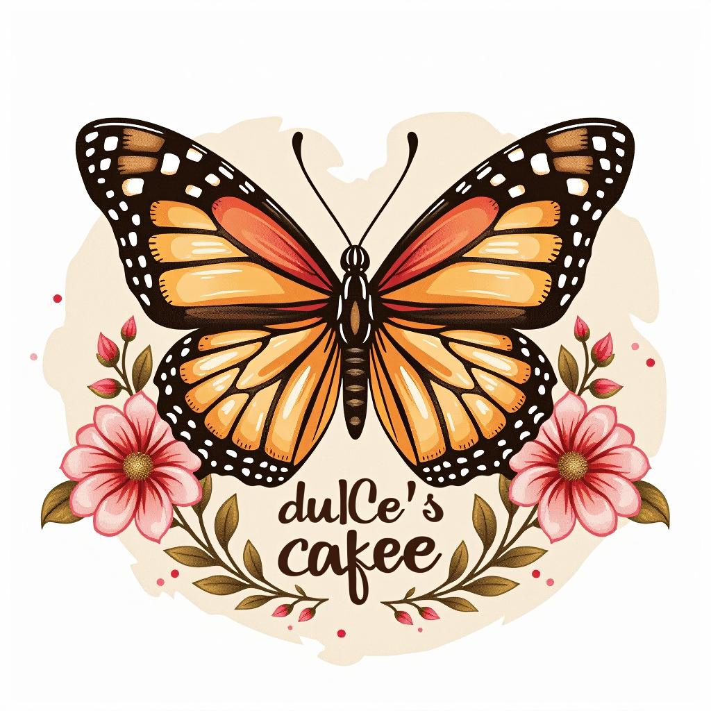  design a logo, diseño de pegatina personalizada en un fondo blanco aislado decorado con mariposa en acuarela, con el texto ‘amor’, with the text 'dulce’s café '.