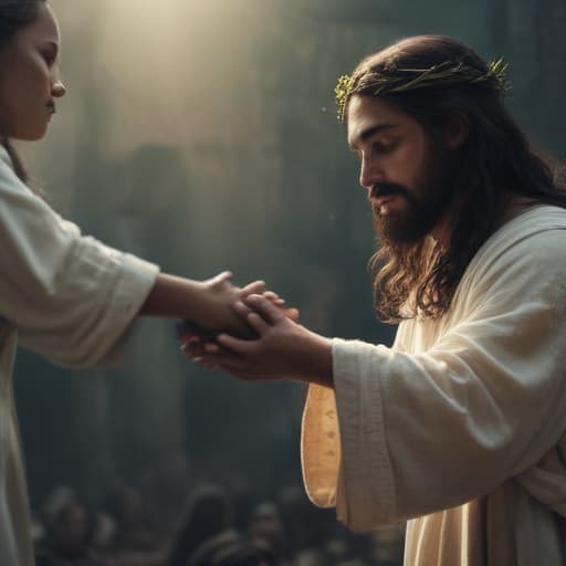 Jesus holding a girls hand in Cinematic style