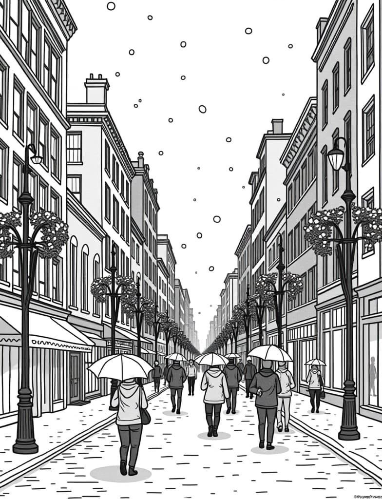  this is for an adult coloring page. a detailed black and white line art of a snowy snowy cityscape with people walking under umbrellas and holiday decorations on a solid white background.