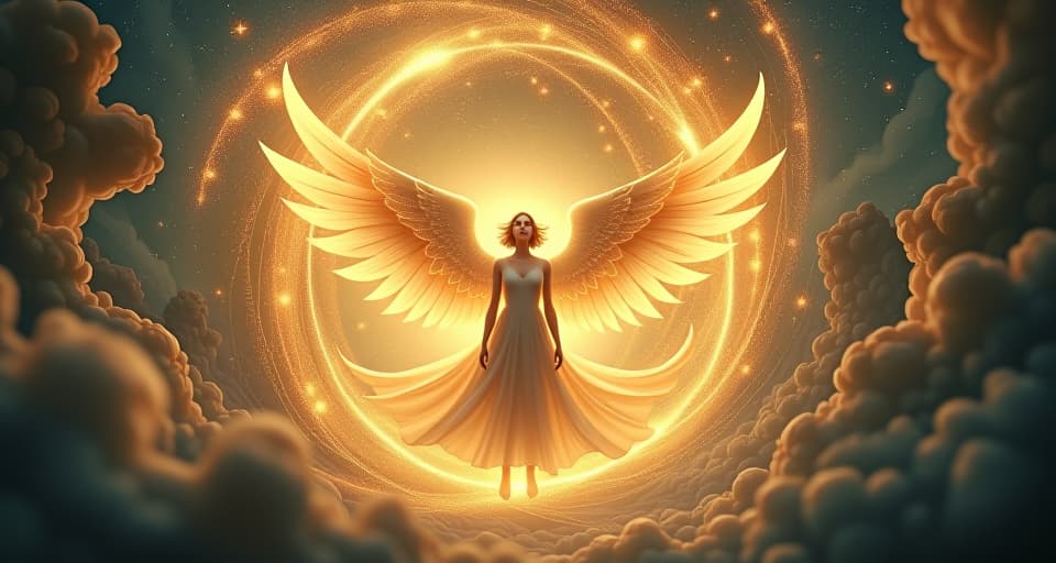  a mystical figure with ethereal wings, surrounded by a vortex of shimmering light. the atmosphere is charged with intense energy, symbolizing the swift acceleration of karma.. the style is digital art illustration,highly detailed, whimsical,magical, dreamlike atmosphere, realism and fantasy blend, smooth, glossy textures,luminous quality, wonder and enchantment.