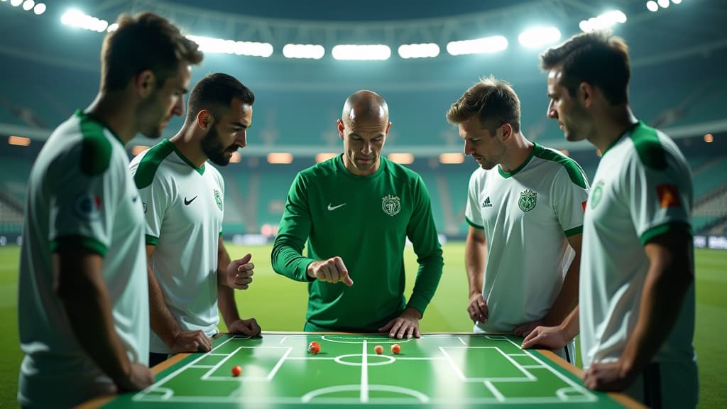  create a hyper realistic image showcasing borussia mönchengladbach's team led by coach seoane in a brightly lit stadium. the composition should depict the team gathered around a tactical board, analyzing the game against union berlin. each player should be wearing the official borussia mönchengladbach kit with prominent logos visible. coach seoane, with a focused expression, should be pointing at a specific area on the board, emphasizing the need for improvement. in the background, digitally