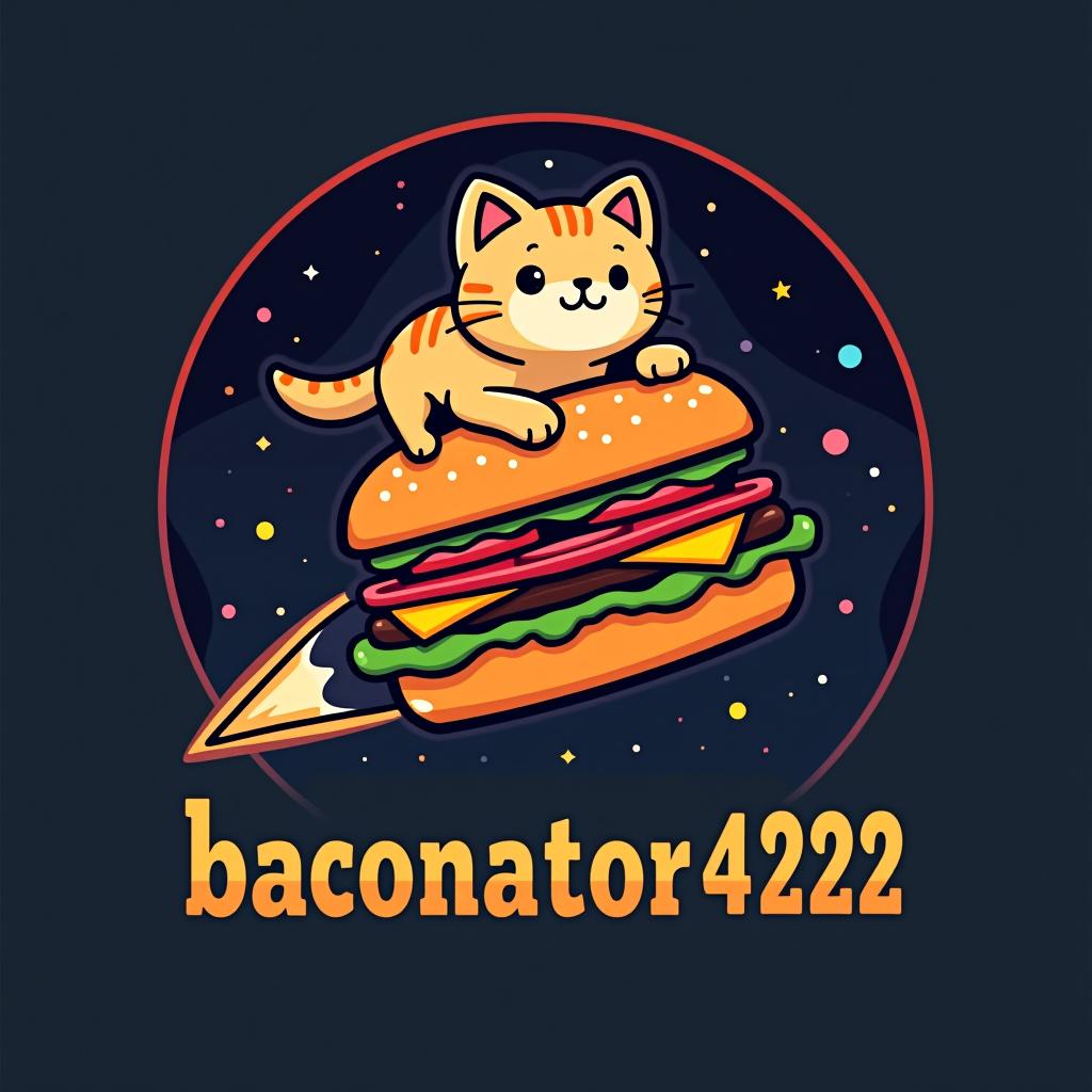  design a logo, a cat on top of a a burger flying through space, with the text 'baconator420'.