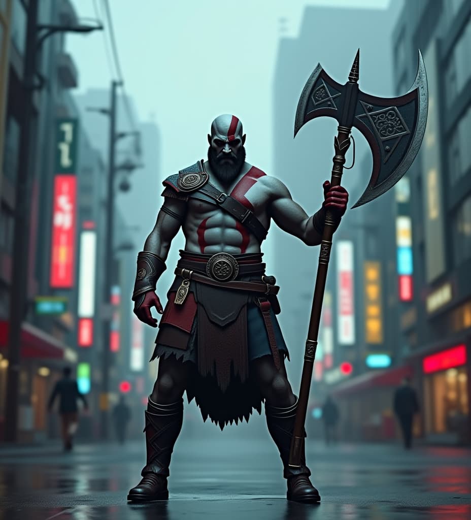  dystopian futuristic tokyo japan, raining, god of war kratos standing, whole body, wielding detailed leviathan axe with nordic symbols from god of war ragnarok, ultra high definition