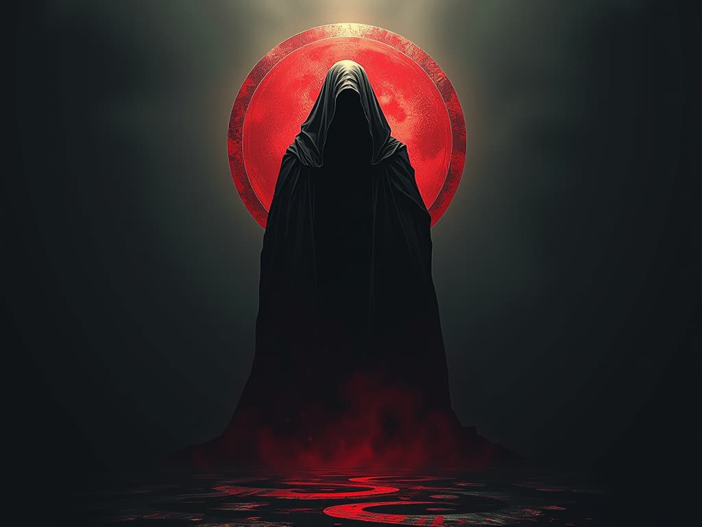  ethereal dome of darkness, character hiding beneath, stark contrast with illuminated outside world, sense of shielding and entrapment. the style is dark fantasy and mysterious occult, symbolic, moody lighting, esoteric vibe,high detail on character design. for the color scheme emphasize blacks and reds.