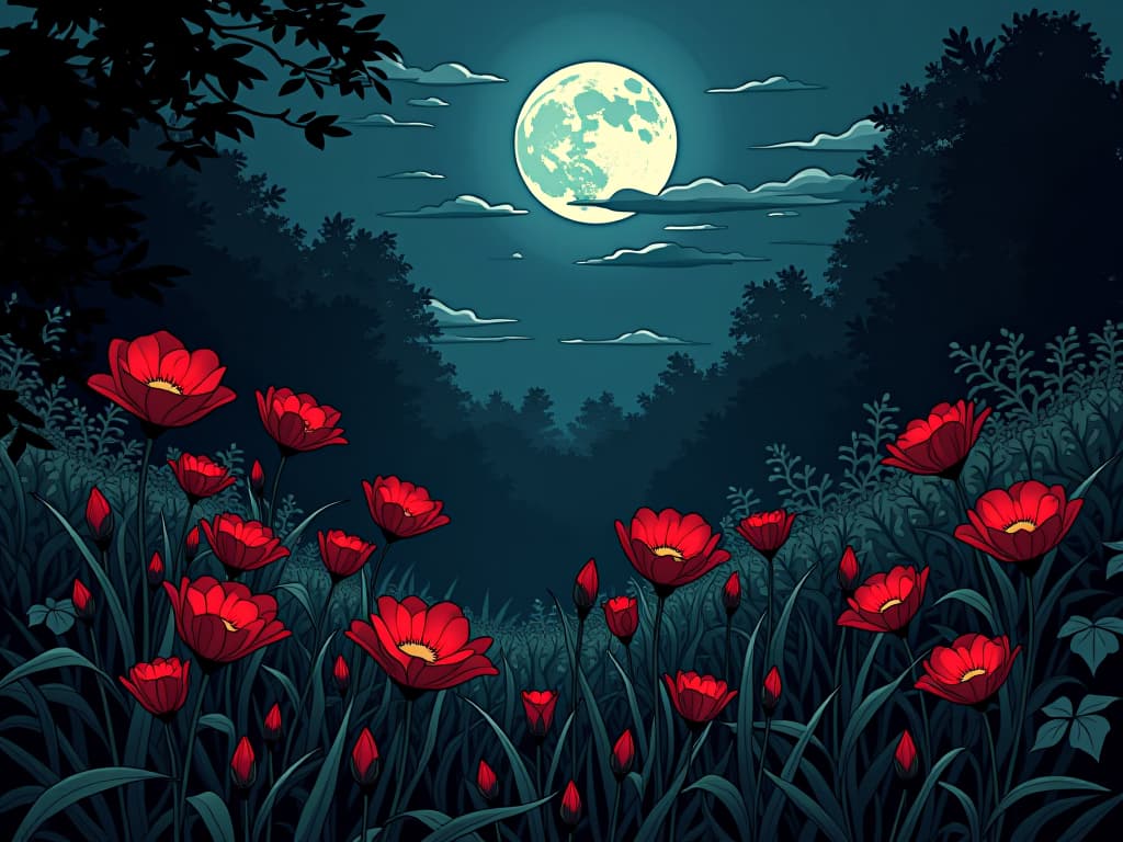  a garden at night, flowers reopening under the moonlight, signifying rejuvenation. the style is digital art illustration / modern comic book / graphic dark novel fantasy and mysterious occult, symbolic, moody lighting, esoteric vibe,high detail on character design. for the color scheme emphasize blacks and reds.