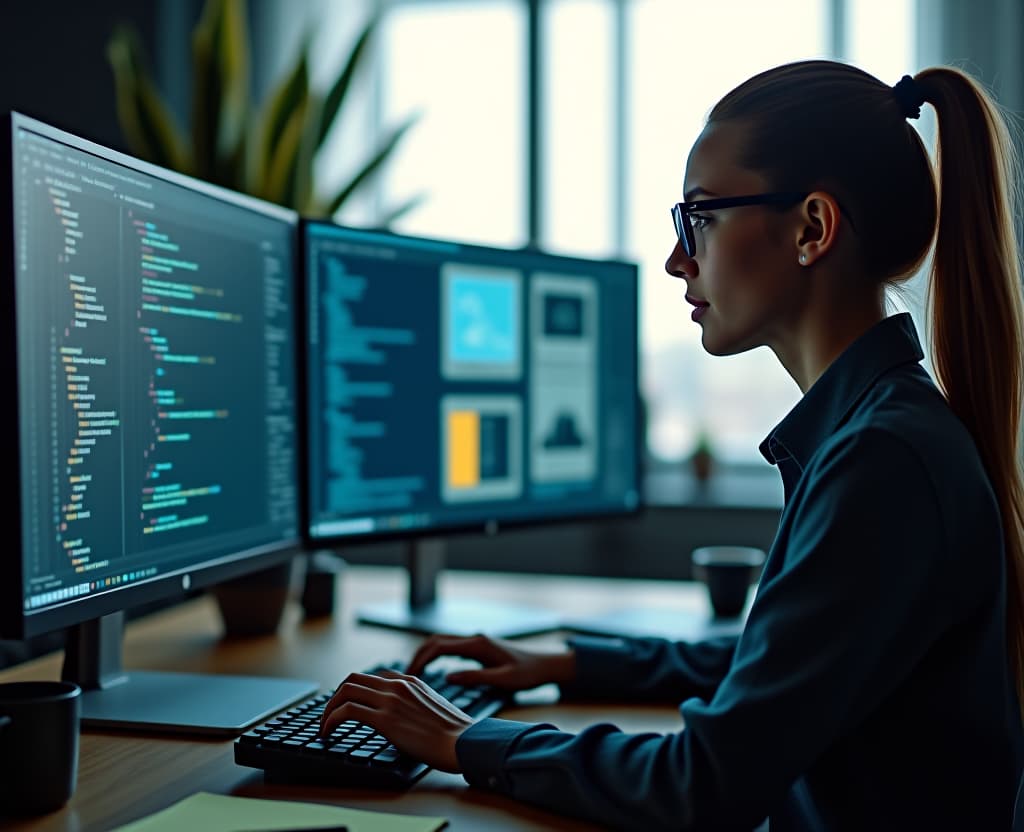  a close up shot of a devops engineer at work, focused on a dual monitor setup displaying code and cloud infrastructure diagrams. the engineer, a young woman with glasses and a ponytail, is typing on a mechanical keyboard, surrounded by sticky notes and a coffee mug. the setting is a modern office with a large window letting in natural light, illuminating the workspace. the monitors glow softly in the dim room, creating a contrast with the bright daylight outside. shot on a canon eos r. hyperrealistic, full body, detailed clothing, highly detailed, cinematic lighting, stunningly beautiful, intricate, sharp focus, f/1. 8, 85mm, (centered image composition), (professionally color graded), ((bright soft diffused light)), volumetric fog, trending on instagram, trending on tumblr, HDR 4K, 8K