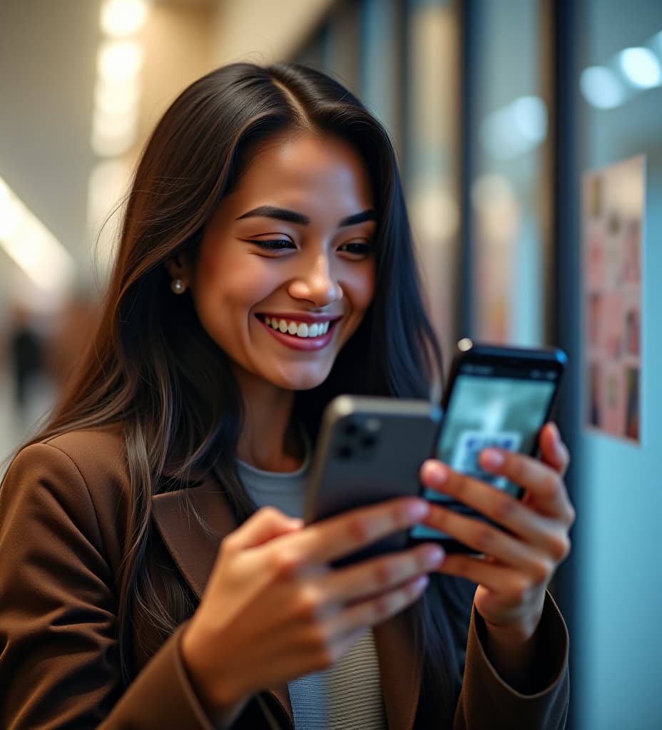  woman scanning qr code with phone while she smiles