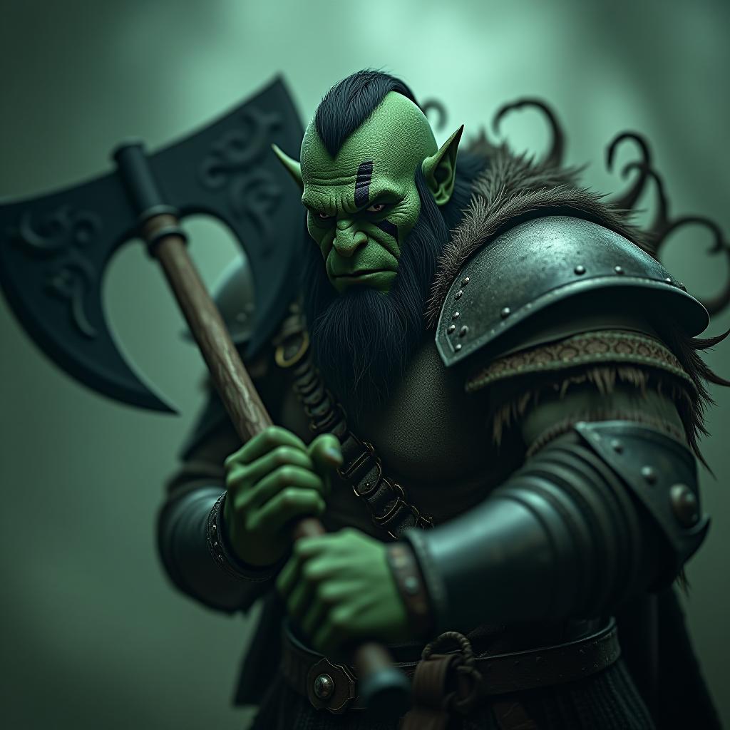  cinematic film still a large green orc in armour with a black tattoo over his eye, a large axe in his hands, swirls of black necrotic energy behind him . shallow depth of field, vignette, highly detailed, high budget, bokeh, cinemascope, moody, epic, gorgeous, film grain, grainy