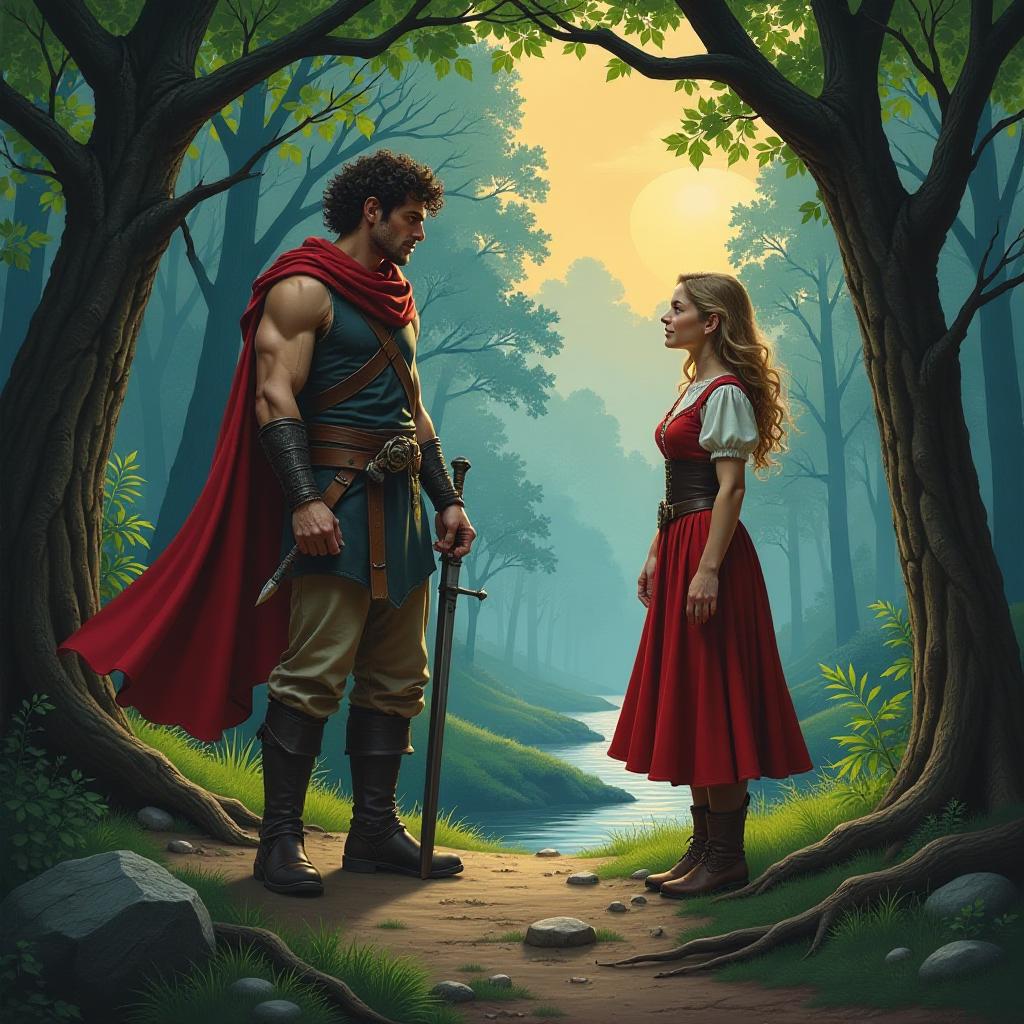  an oil painting in 80's fantasy poster art of a rogue named zambotti with a curly short hair accompanied by a wolf named zuko, meeting a healer named evelyn in a forest clearing showing her surprise