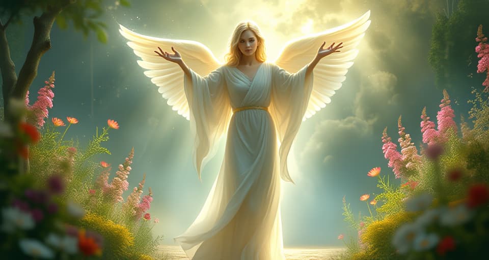  a serene, angelic figure in flowing, light robes, standing with outstretched arms in an ethereal garden. soft light surrounds, symbolizing the irreversible divine work and protection.. the style is digital art illustration,highly detailed, whimsical,magical, dreamlike atmosphere, realism and fantasy blend, smooth, glossy textures,luminous quality, wonder and enchantment.