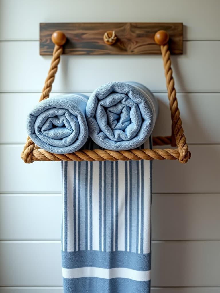  high quality portrait photo of a rustic rope wrapped towel rack with weathered wood, against a white shiplap wall, displaying rolled blue and white striped towels hyperrealistic, full body, detailed clothing, highly detailed, cinematic lighting, stunningly beautiful, intricate, sharp focus, f/1. 8, 85mm, (centered image composition), (professionally color graded), ((bright soft diffused light)), volumetric fog, trending on instagram, trending on tumblr, HDR 4K, 8K