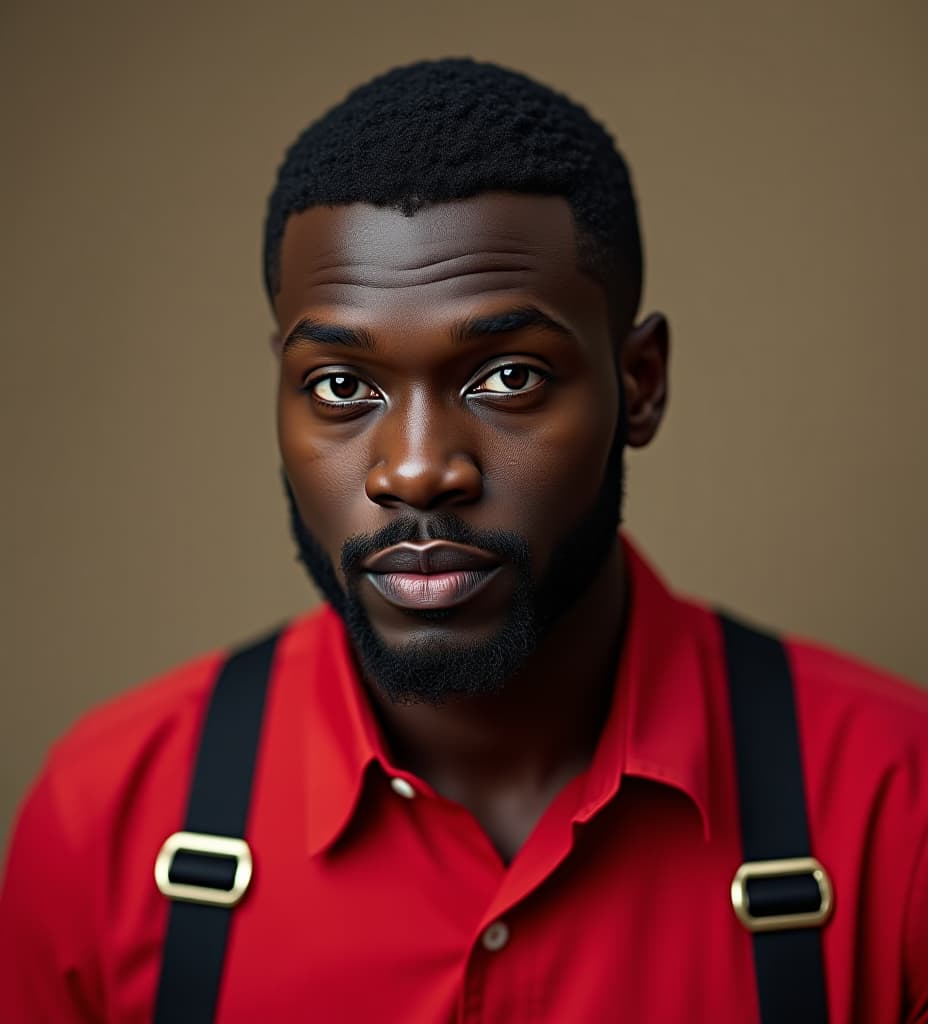  a dark brown man in red coveralls.