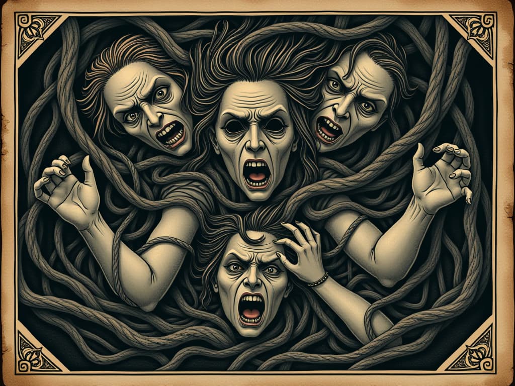  a sprawling, darkened web, intricately woven, figures entangled within, faces showing confusion, fear, and entrapment, intricate deceit, manipulation. an illustration in the style of a worn, mystical old tarot trump card, mysterious and elements of surrealism. the colors are muted, somber and eerie, but with contrast bring out an occult and esoteric vibe.