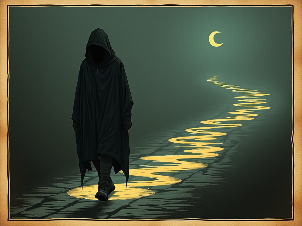  a hooded figure marching forward, each step marked by a trail of light, illuminated path, determination, resilience. an illustration in the style of a worn, mystical old tarot trump card, mysterious and elements of surrealism. the colors are muted, somber and eerie, but with contrast bring out an occult and esoteric vibe.