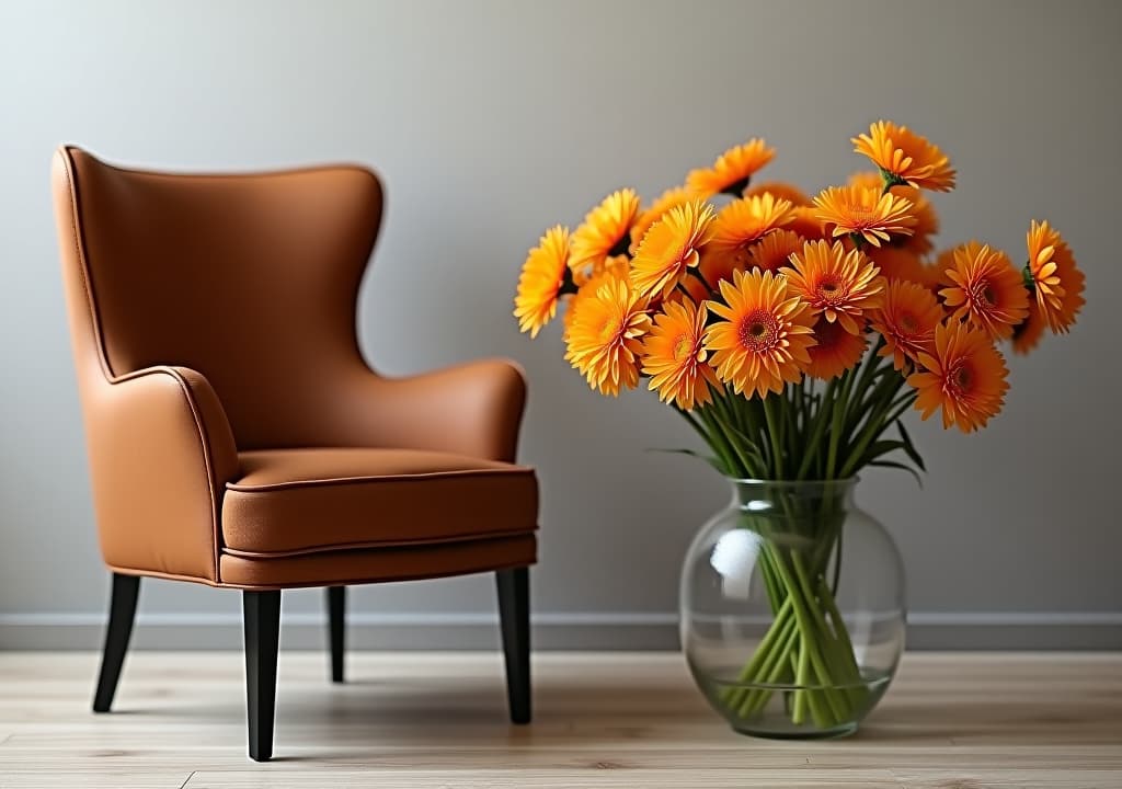  a brown chair next to a vase with orange flowers