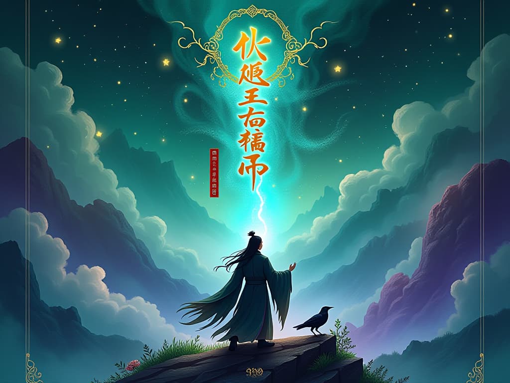  mystical cultivation cover, silhouetted protagonist, glowing energy, deep blue, green, purple, gold accents, misty mountains, magical plants, vertical scroll design, elegant fantasy typography, chinese calligraphy, black crow, five elements symbols, ethereal illustration, traditional chinese art, modern fantasy, young cultivator reaching, celestial symbols, swirling energy patterns, floating artifacts, atmospheric mystery, talisman designs, magical script, star motifs, mortal to immortal transformation, light and shadow contrast, natural elements, cultivation robes, cosmic background, jade artifacts, phoenix feather, dragon scales, celestial clouds, ethereal mist, ancient scripture, floating islands, spirit beasts, yin yang symbol, celestia