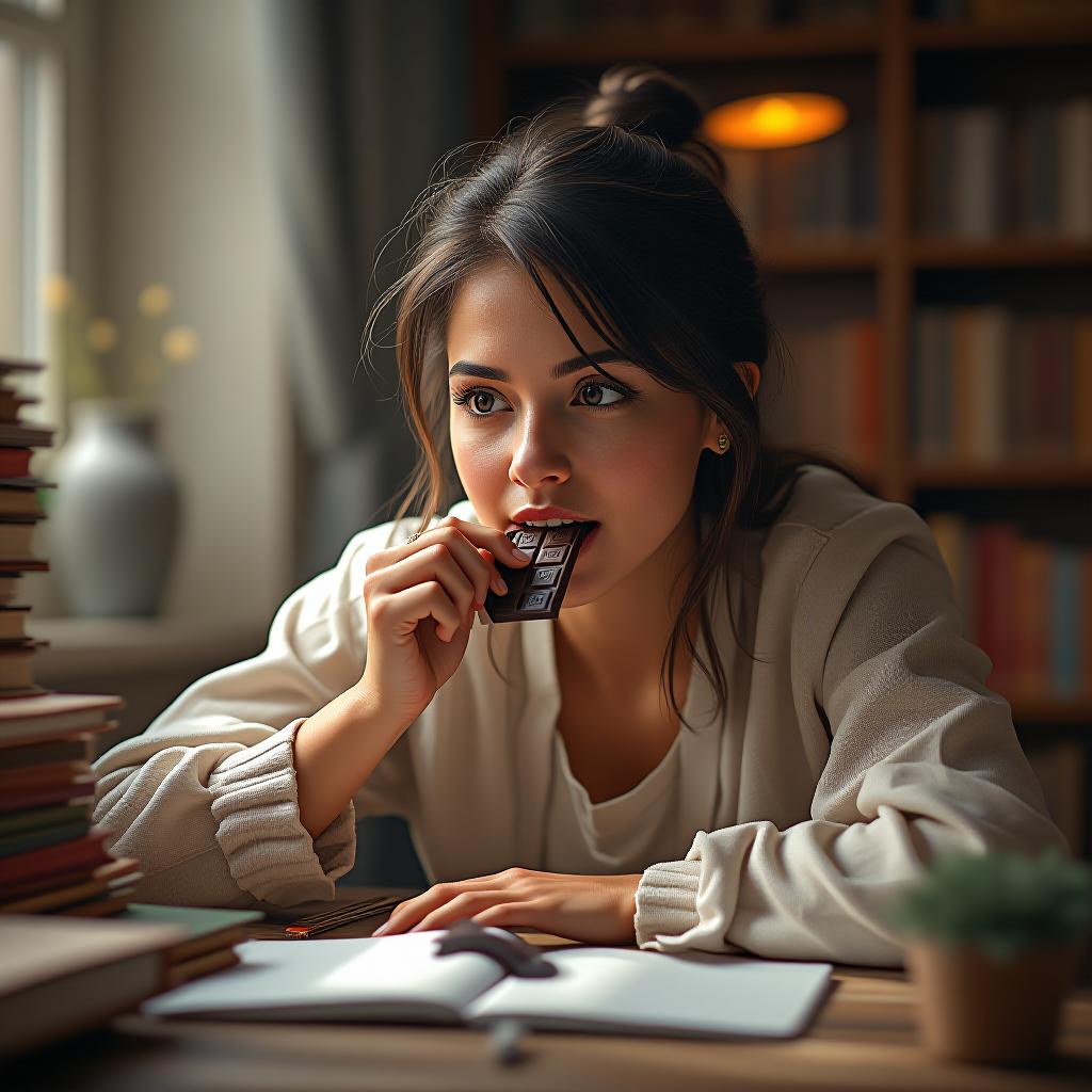  create a high quality, photorealistic image that vividly depicts the following scene: a high resolution, vibrant image captures a mid study scene featuring a young woman biting into a rich dark chocolate bar. she is surrounded by scattered textbooks and notes, her eyes & mind illuminated, denoting improved brain function. the soft light of a nearby window highlights her radiant skin an indication of the goodness of antioxidants. matte pastel colors, a warm library atmosphere with cozy study lighting, canon eos 1d x mark iii, sigma 85mm f1.4 art, iso 400, 1/200s, 5k, raw, unedited, asymmetrical balance, depth of field. the image should: focus on the specific actions, emotions, and elements described in the scene show  hyperrealistic, full body, detailed clothing, highly detailed, cinematic lighting, stunningly beautiful, intricate, sharp focus, f/1. 8, 85mm, (centered image composition), (professionally color graded), ((bright soft diffused light)), volumetric fog, trending on instagram, trending on tumblr, HDR 4K, 8K