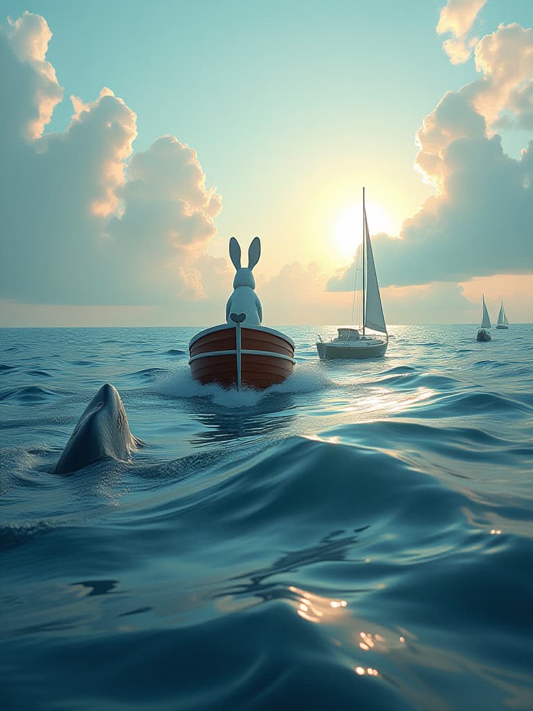  the small boats are moving slowly on the surface, and the lovely little whales follow the small boats to the deeper sea. a little white rabbit stood at the bow of the boat, with the courage to guide the way, while the little whale was swimming in the water and gradually emerging from its predicament. sunshine spills over the sea, water waves